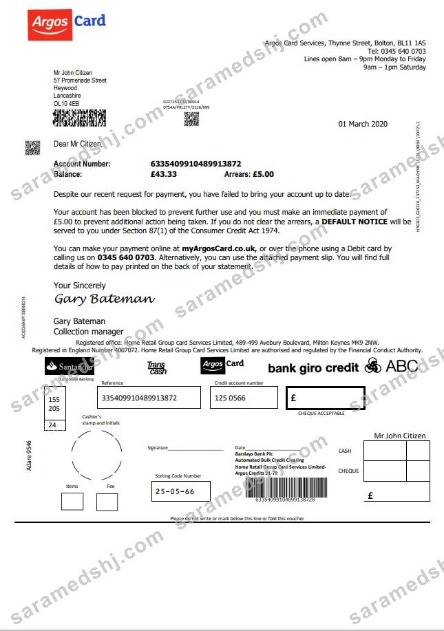 United Kingdom Argos Card in Word and PDF format